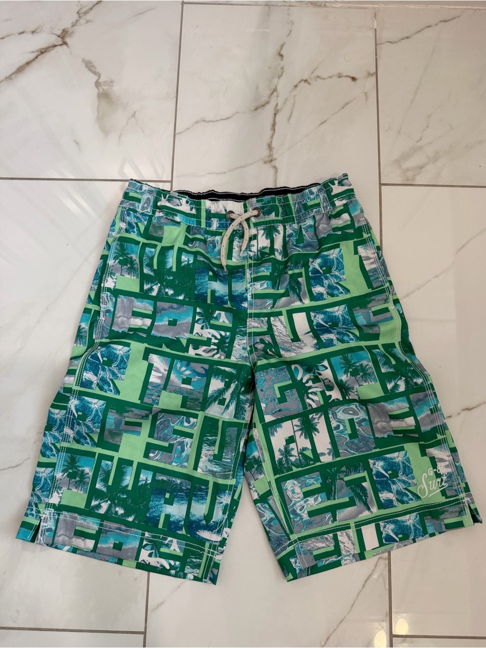 Green Tropical Print Kids Swim Shorts size XL / 12